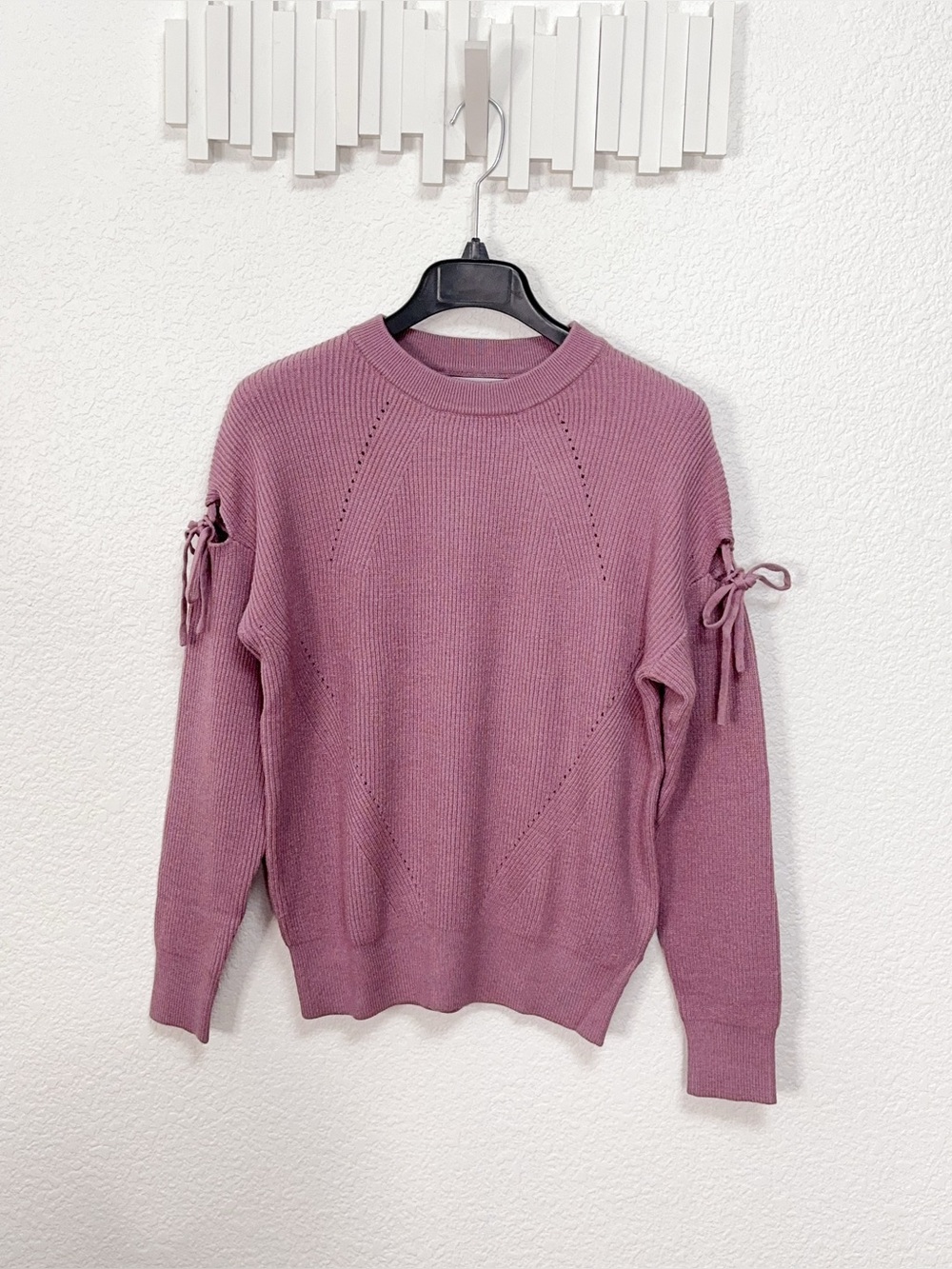 Miss Sparkling Mauve Pink Bow Sleeve Knit Sweater Cutout Tie Detail Pullover Top